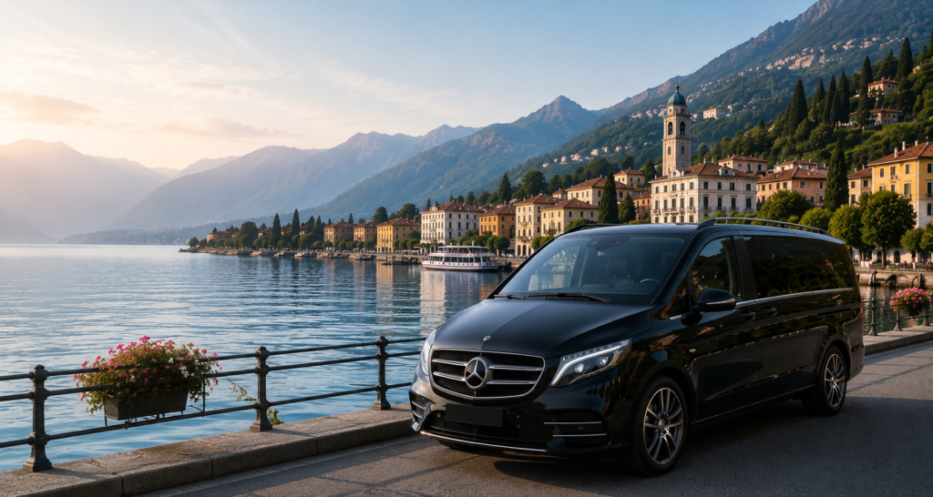 Luxury Mercedes V-Class providing a private transfer from Milan Linate Airport LIN to Bellagio, Lake Como, Italy.