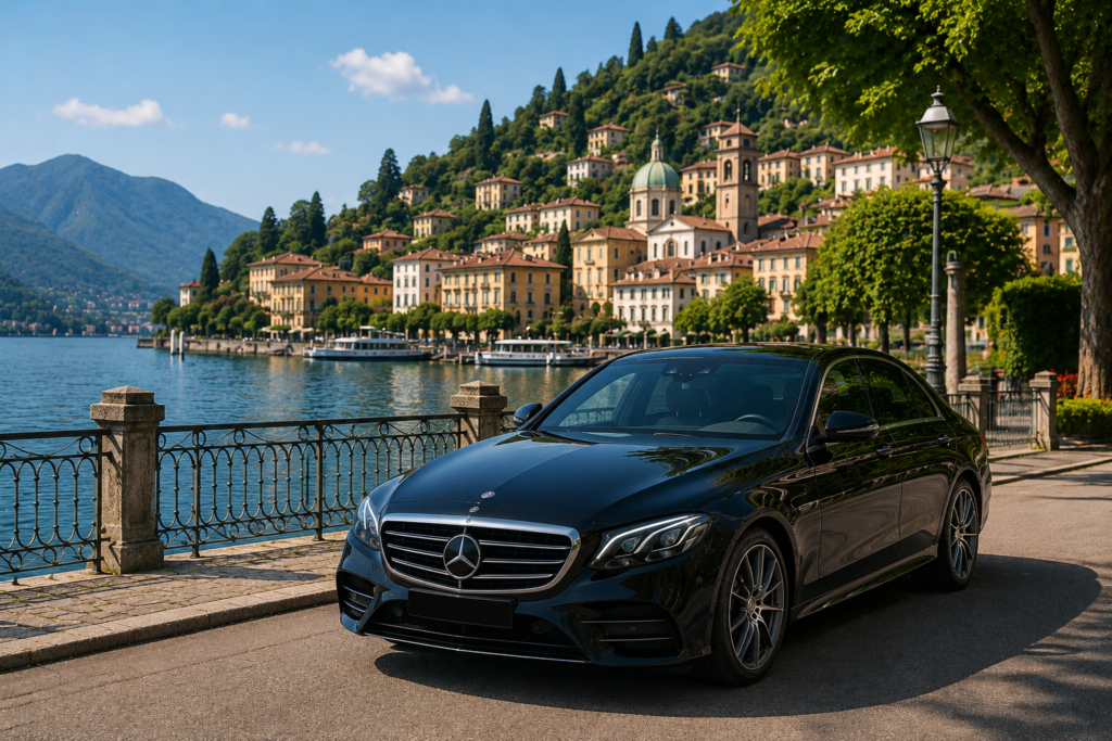 Luxury Mercedes chauffeur providing a private transfer from Milan Linate Airport, LIN to Como, Italy.