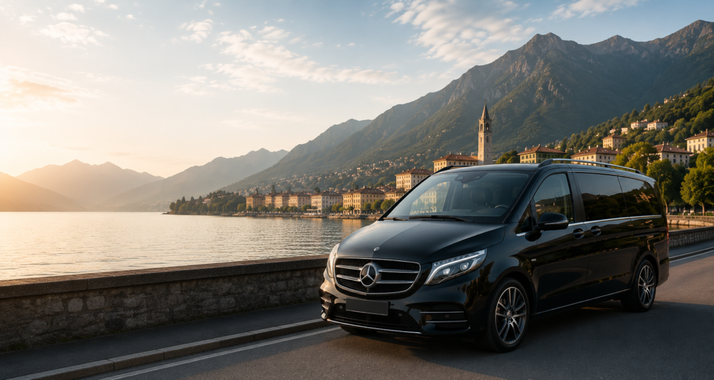 Luxury Mercedes V-Class providing a private transfer from Milan Linate Airport LIN to Lecco, Italy.