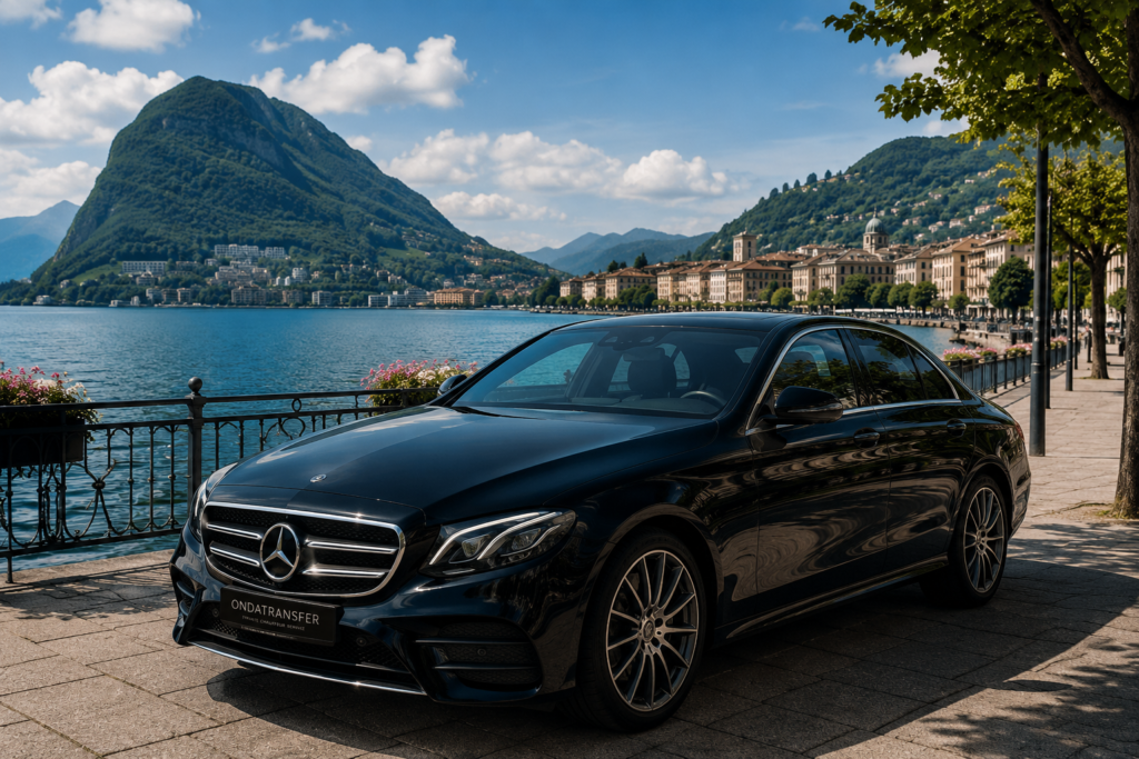 Luxury Mercedes chauffeur for a private transfer from Milan Malpensa Airport (MXP) to Lugano, Switzerland.